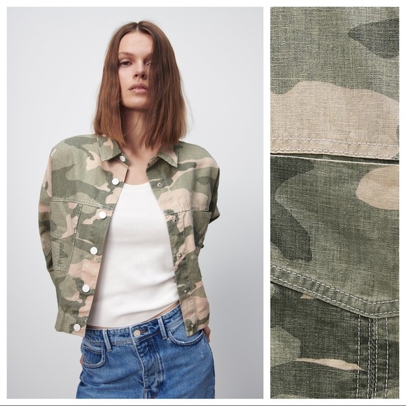 NWT. Zara Green Camouflage Linen Blend Cropped Jacket. Size S, M. - Picture 3 of 9